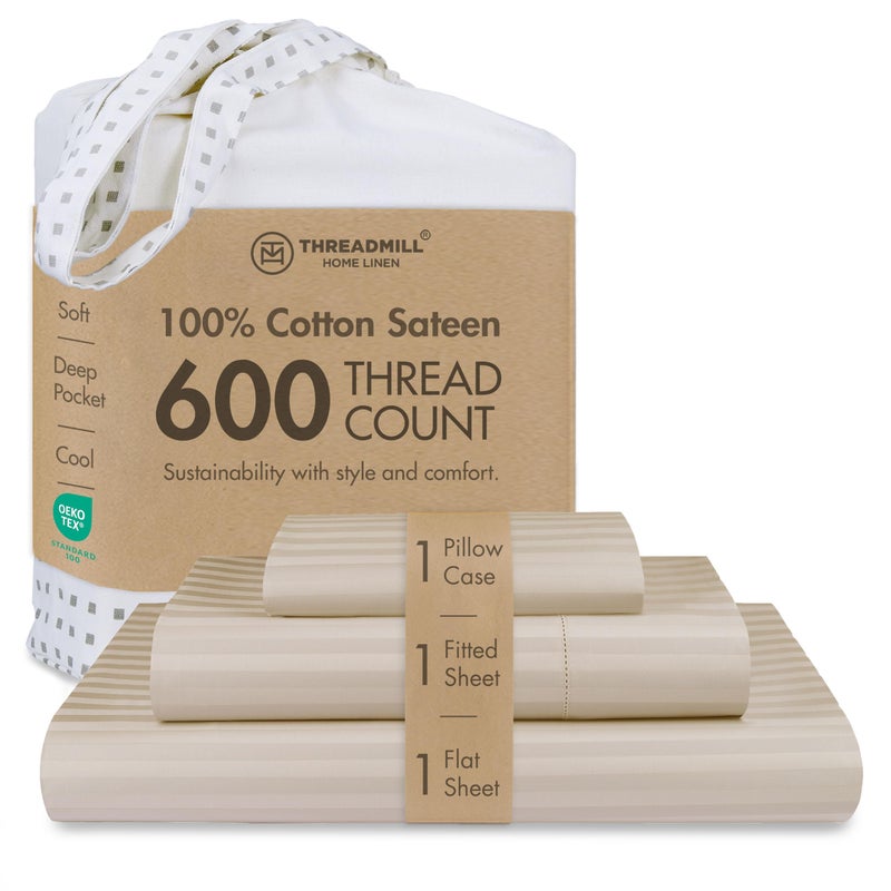 Threadmill 100% Cotton Sheets for Twin Size Bed - 600 Thread Count Twin Bed Sheets Set with 15â€ Deep Pocket - Damask Stripe Sateen Weave 3-Piece Bedding Set with Cooling Effect, Beige - Image 1